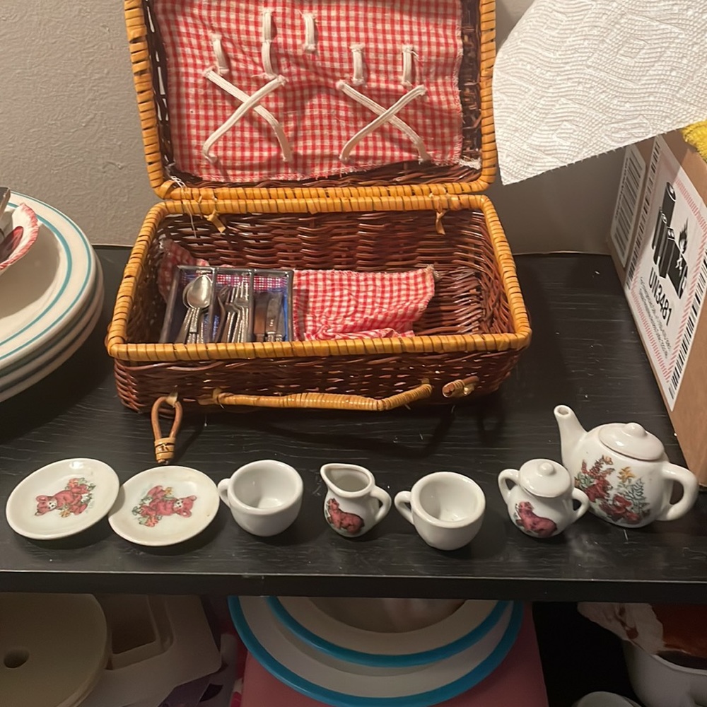 Vintage tea set with picnic basket and miniature silverware and china with bears